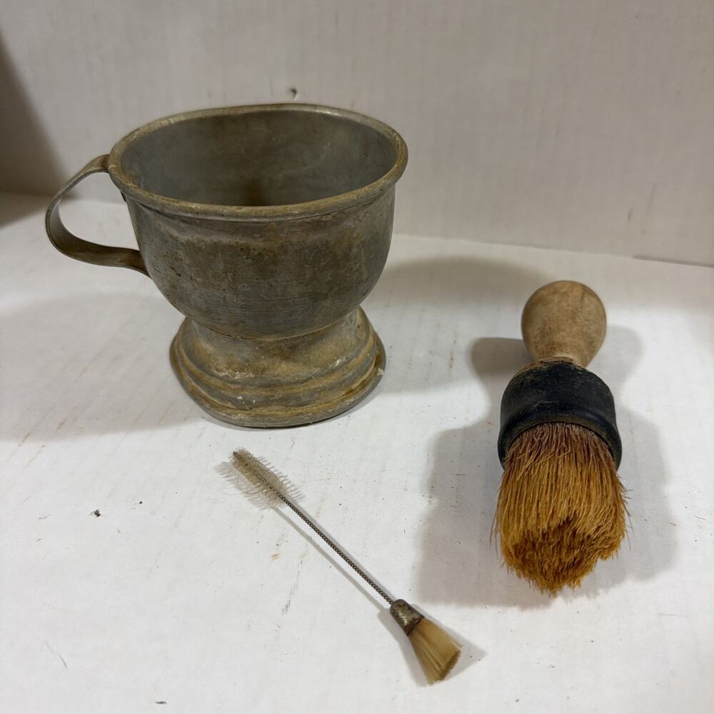 Vintage Tin Shaving Cup and Made Rite Shaving Brush And Cleaning Brush